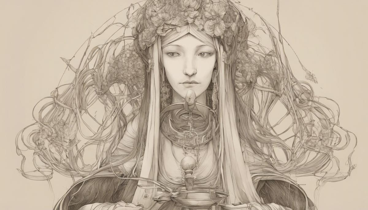 Lachesis, one of the three Fates, measuring the thread of life