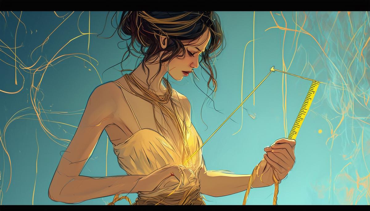 Lachesis, the middle Fate, measuring the thread of life with her measuring rod