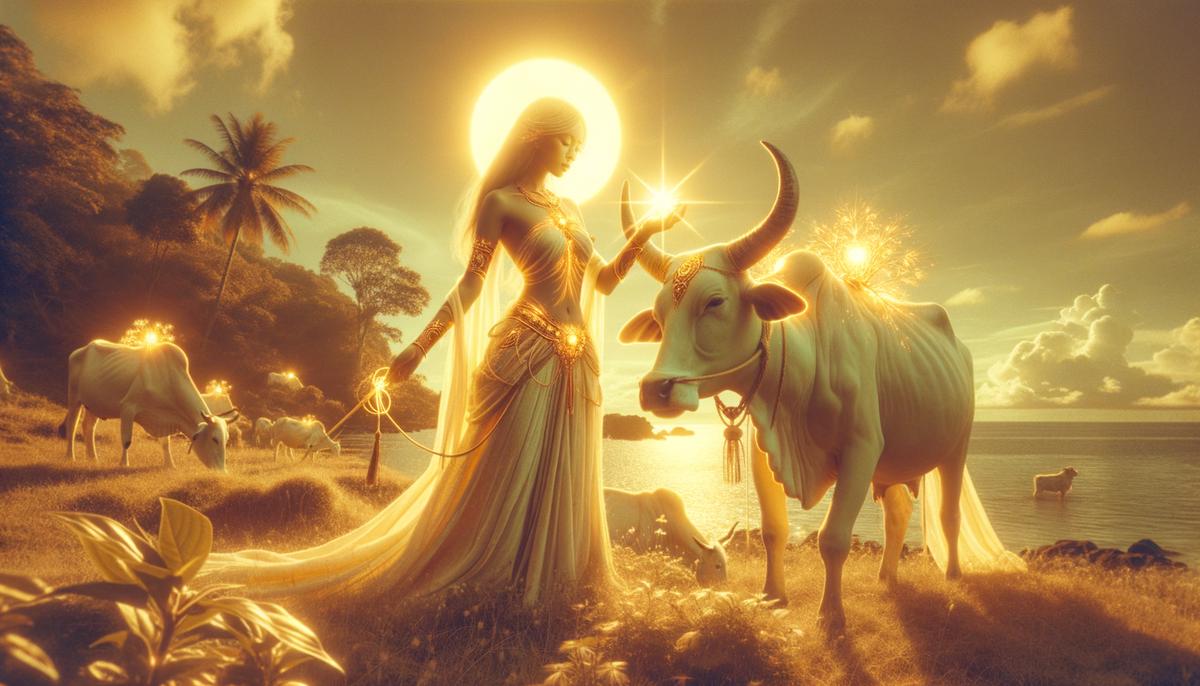 Lampetia and her sister Phaethousa diligently tending to their father Helios' divine, glowing cattle on the island of Thrinakie