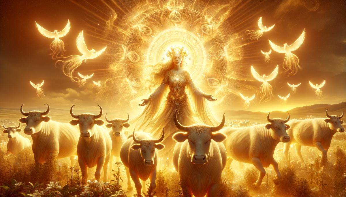 Lampetia, radiant with solar symbolism, tending to her luminous duties as the eternal shepherdess of the sun god's celestial herd