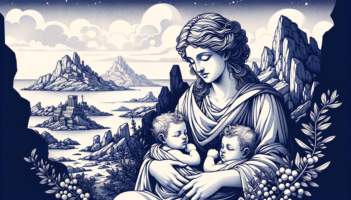 Leto, a loving and protective mother, cradling her newborn divine twins, Apollo and Artemis, on the island of Delos.