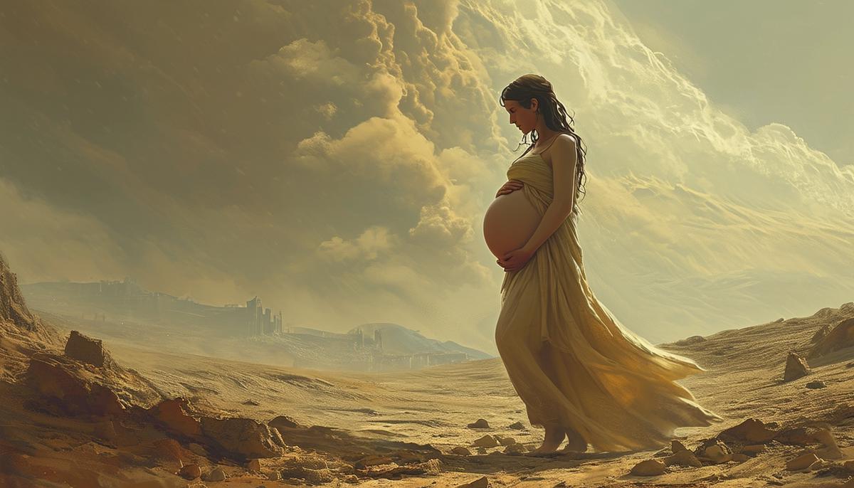 Leto, heavily pregnant, wandering through a desolate landscape, facing the challenges imposed by Hera as she searches for a place to give birth to her divine children.