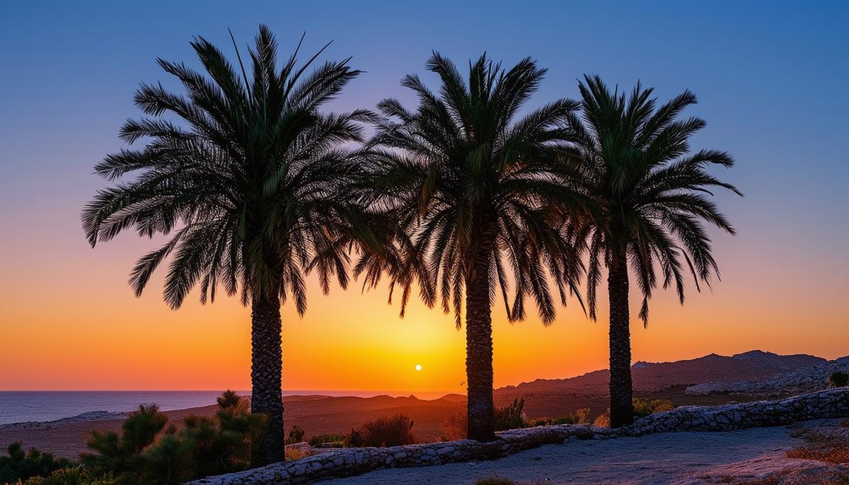 Majestic Cretan date palms silhouetted against a Mediterranean sunset