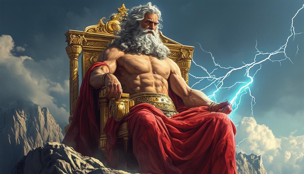 Majestic portrayal of Zeus seated on his throne atop Mount Olympus, holding a thunderbolt