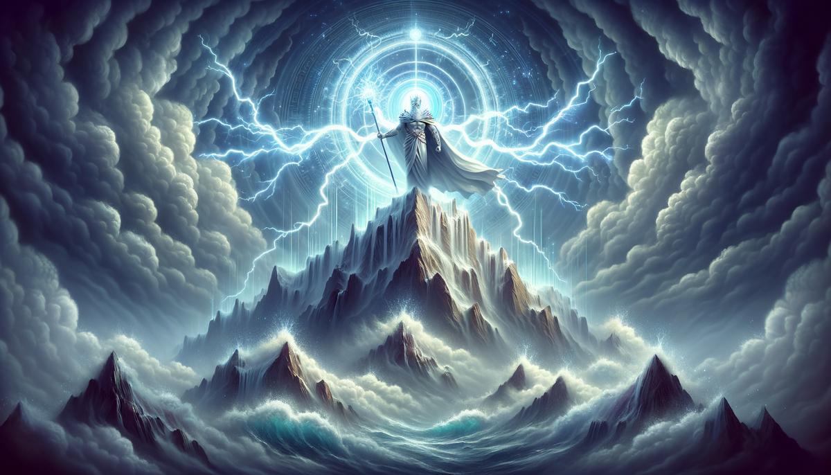 Majestic Zeus wielding a thunderbolt atop Mount Olympus, surrounded by stormy clouds