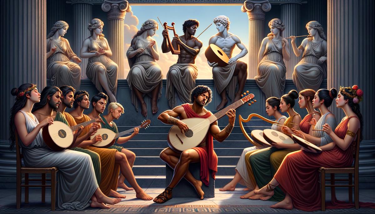 Marsyas and Apollo in a musical contest with the Muses as judges