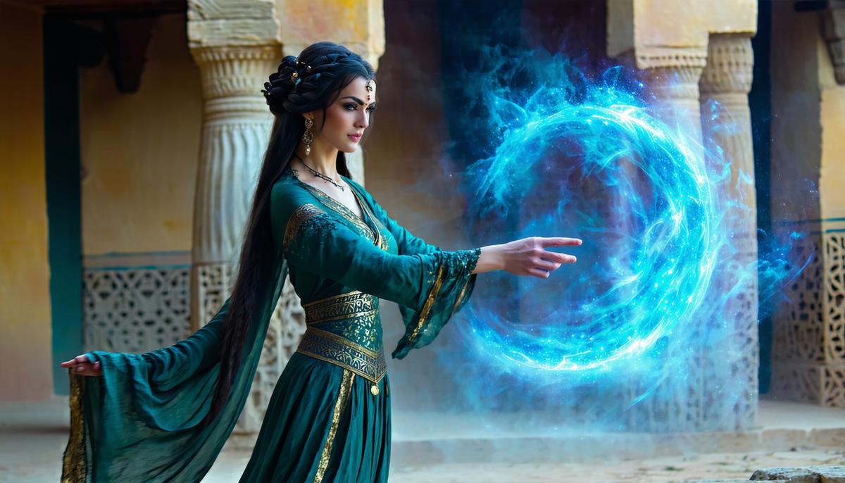 Medea as a foreign sorceress, casting a powerful spell with an exotic backdrop