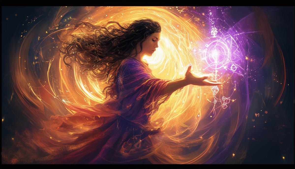 Medea conjuring powerful magic, surrounded by swirling energies and magical symbols