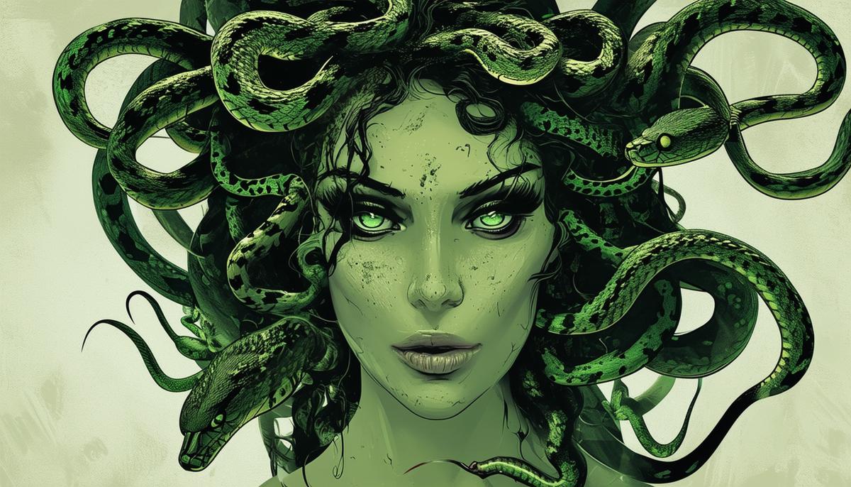 Medusa, a once-beautiful woman transformed into a monster with snakes for hair and a petrifying gaze, symbolizing themes of betrayal and victimization.