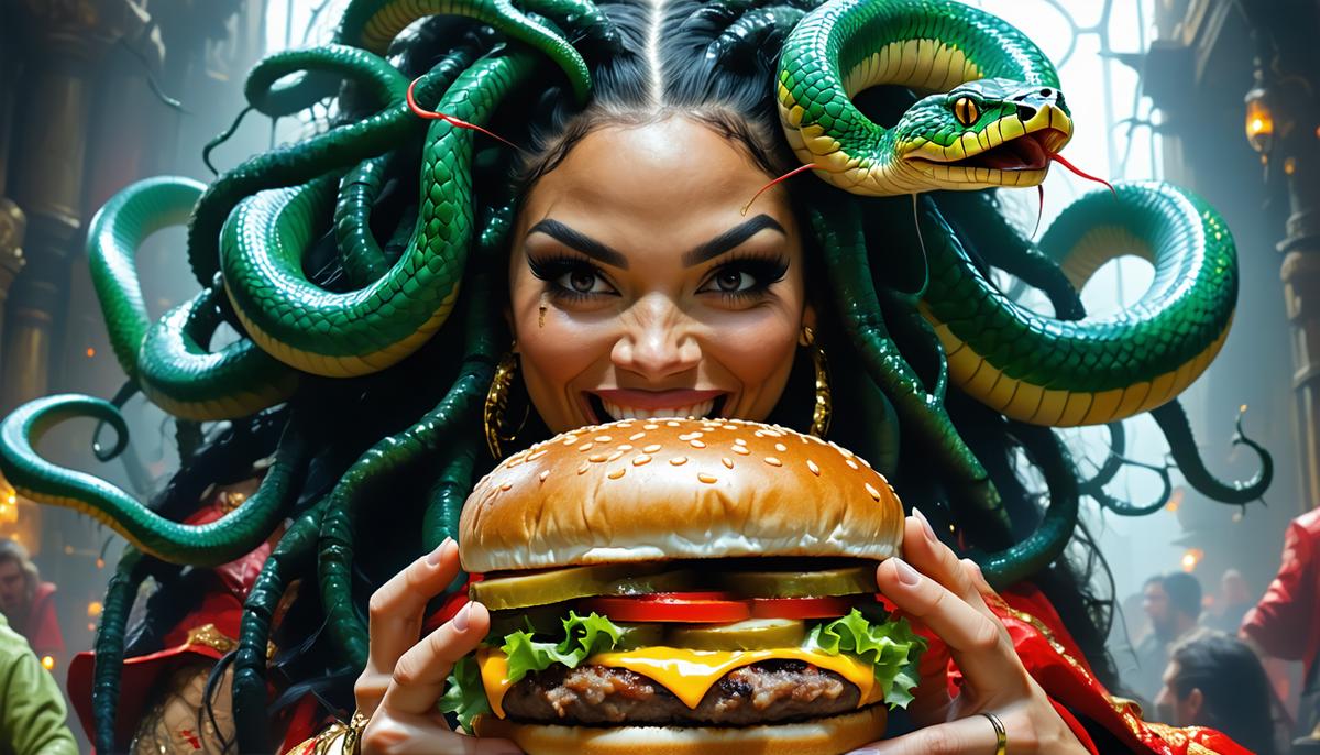 Medusa enjoying a Burger King Whopper, her snake hair reacting positively