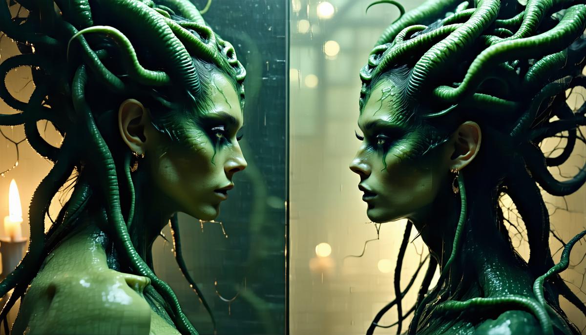 Medusa looking at her reflection, showing both her former beauty and current Gorgon form