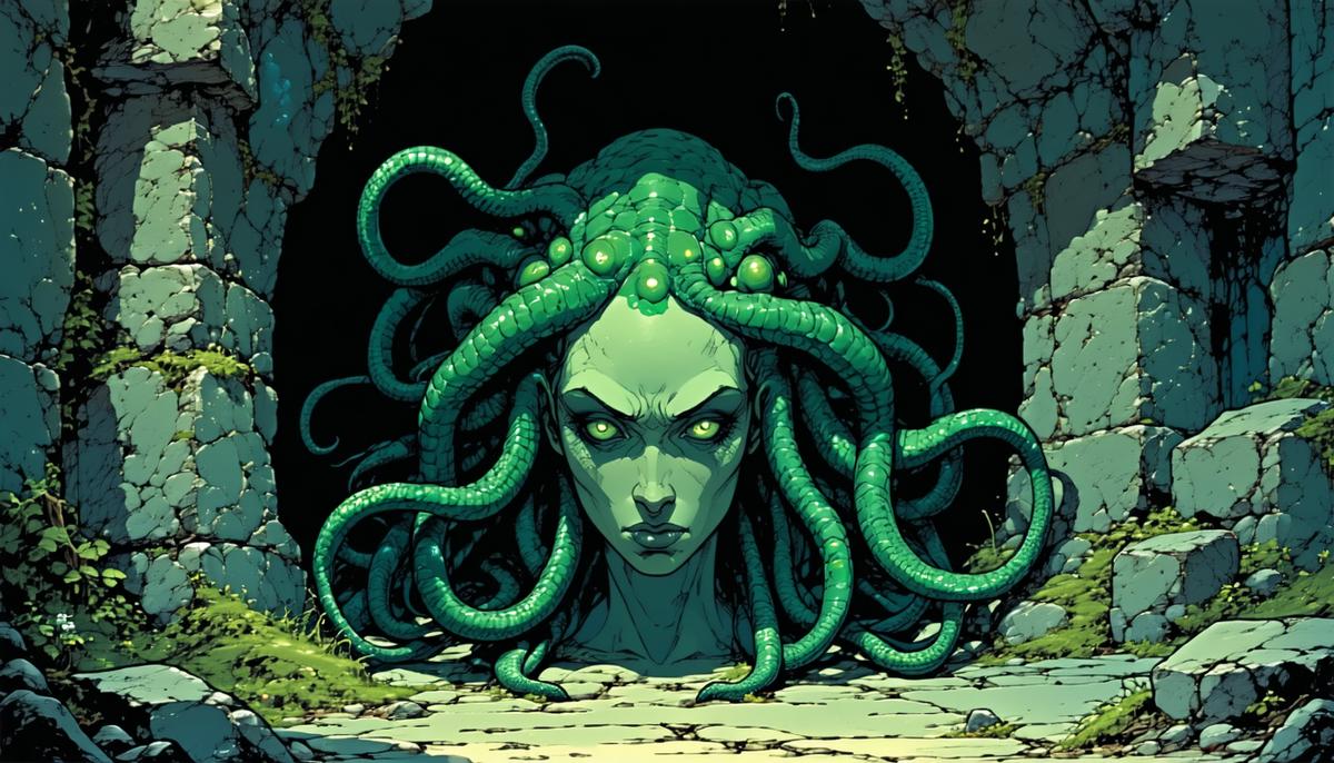 Medusa looking forlorn in her isolated lair