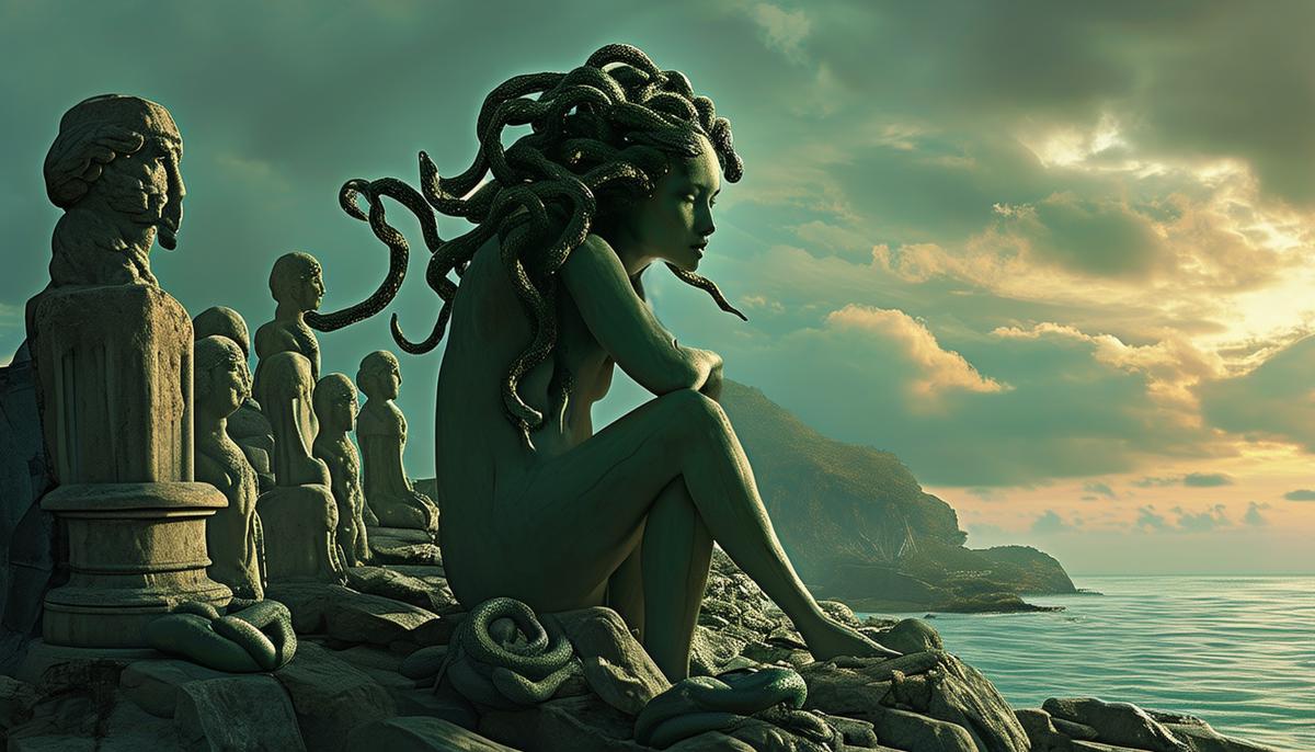 Medusa, now a gorgon with serpentine locks, sits alone on a remote island, surrounded by the stone statues of those who dared to approach her, a testament to her isolation and the power of her gaze.