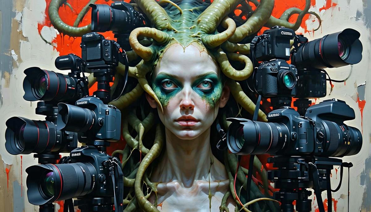 Medusa surrounded by flashing cameras and judgmental headlines