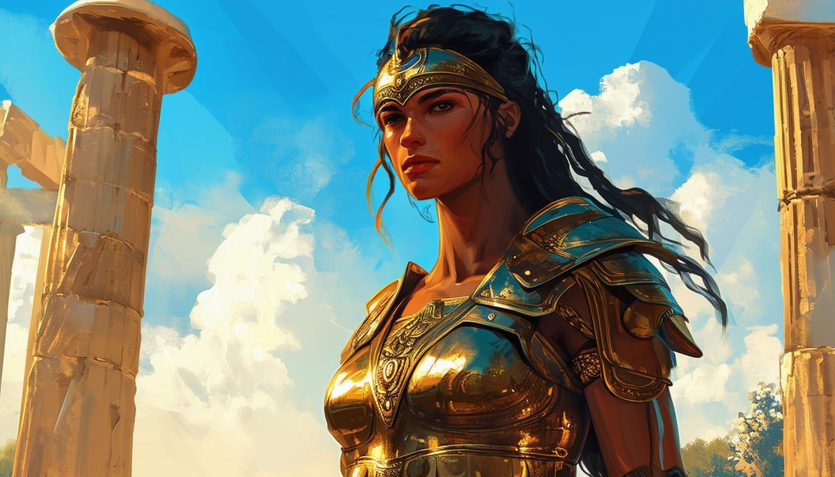 Melanippe, a powerful Amazon warrior, standing tall and proud, her armor gleaming in the sunlight, with a backdrop of ancient Greek ruins and a bright blue sky, symbolizing strength, freedom, and the enduring power of her story.