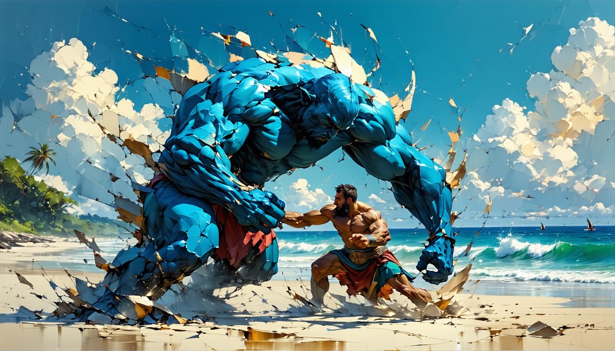 Menelaus wrestling with shape-shifting Proteus on a beach