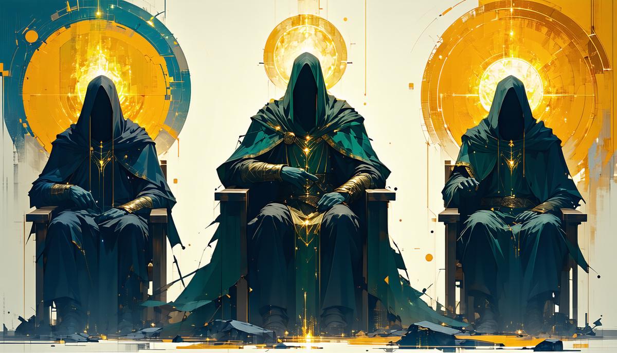 Modern artistic interpretation of Minos, Rhadamanthus, and Aeacus judging souls