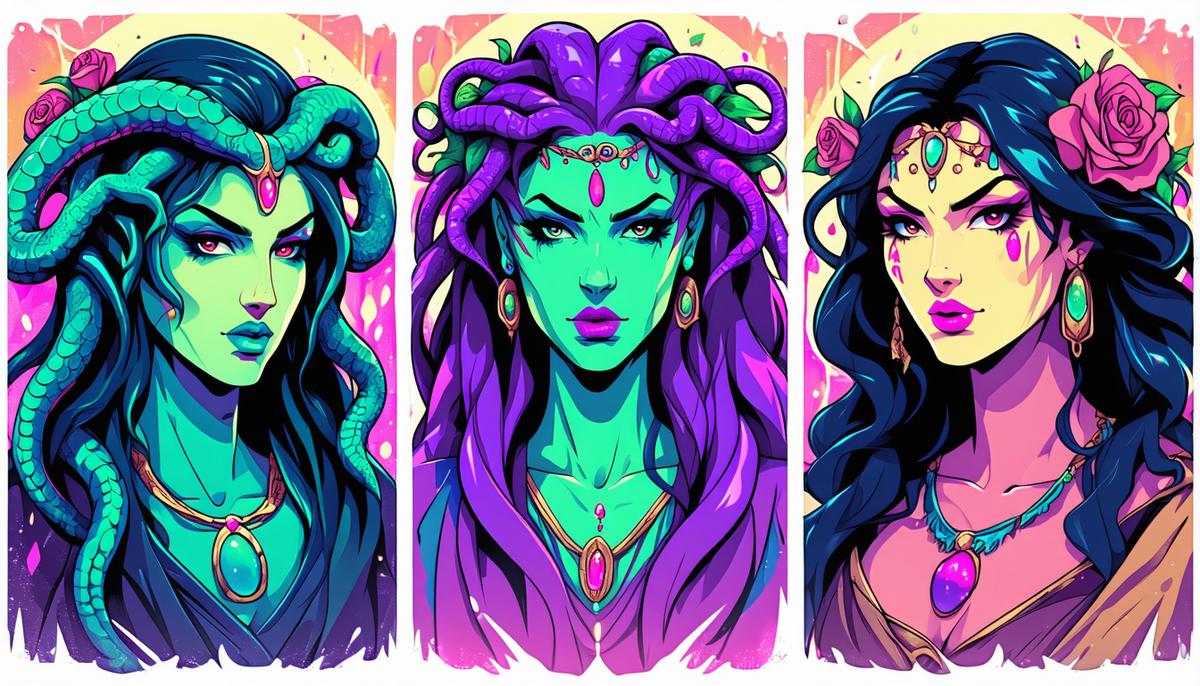 Modern, empowered versions of Medusa, Scylla, and Lamia in a contemporary setting