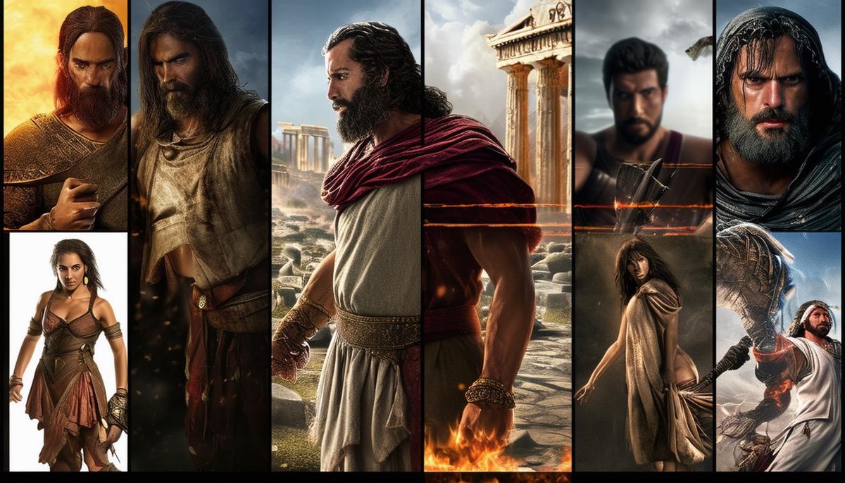 Montage of modern adaptations of Greek curses in popular media, including video game characters and movie scenes