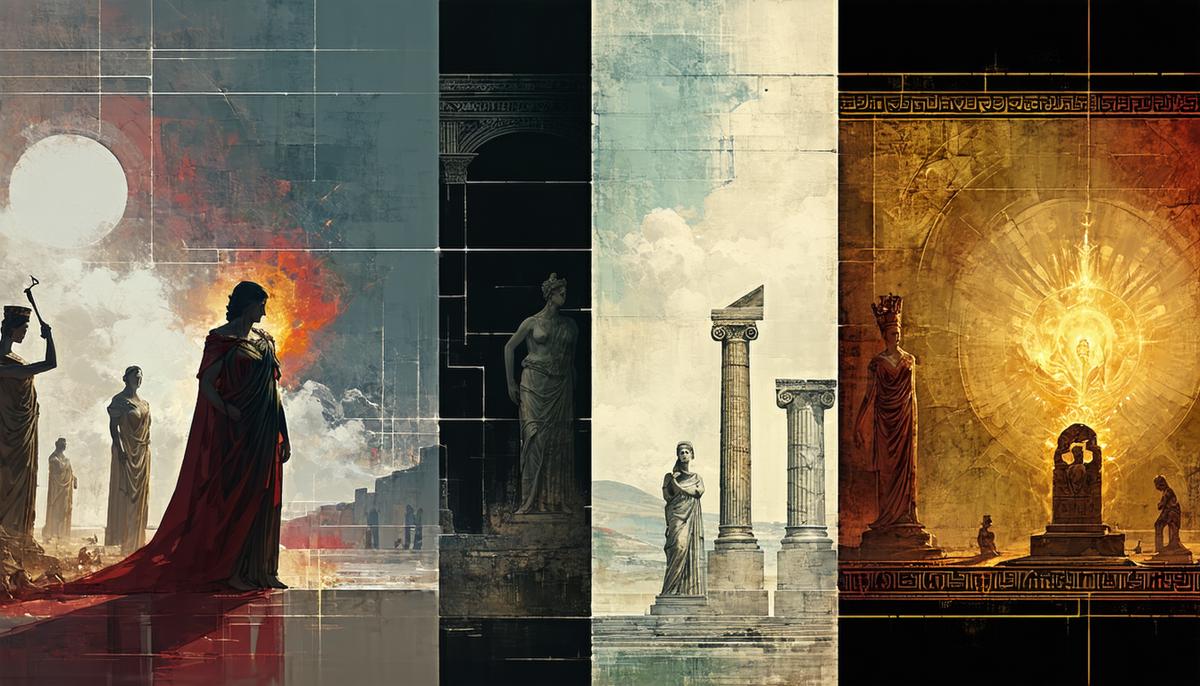 Montage showing Hestia's influence from ancient Greece to modern times