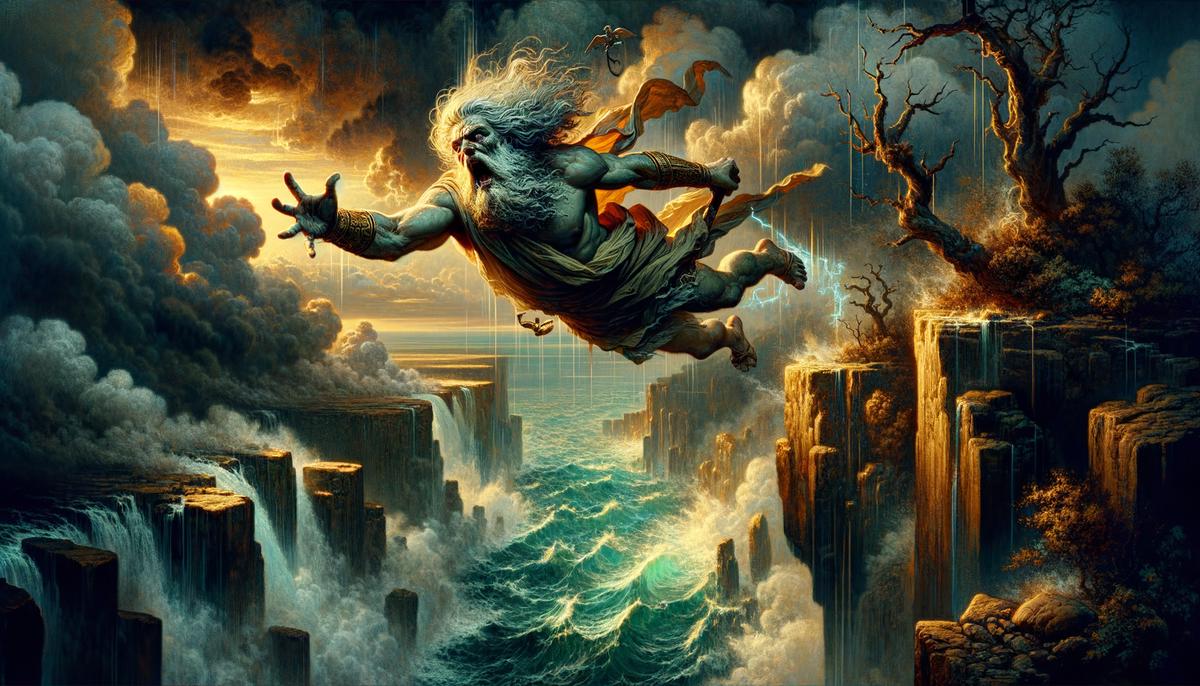 Myrtilus falling from a cliff and cursing Pelops and his descendants as he falls to his death in the sea below
