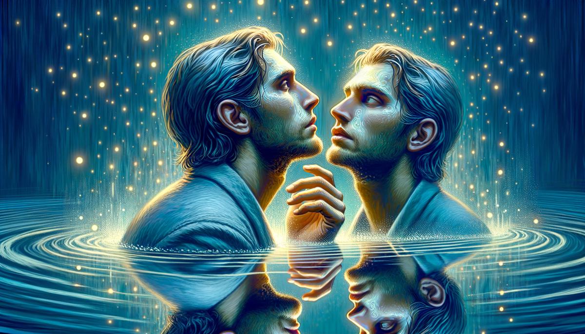 Narcissus gazing at his reflection in a pool, symbolizing the consequences of excessive pride