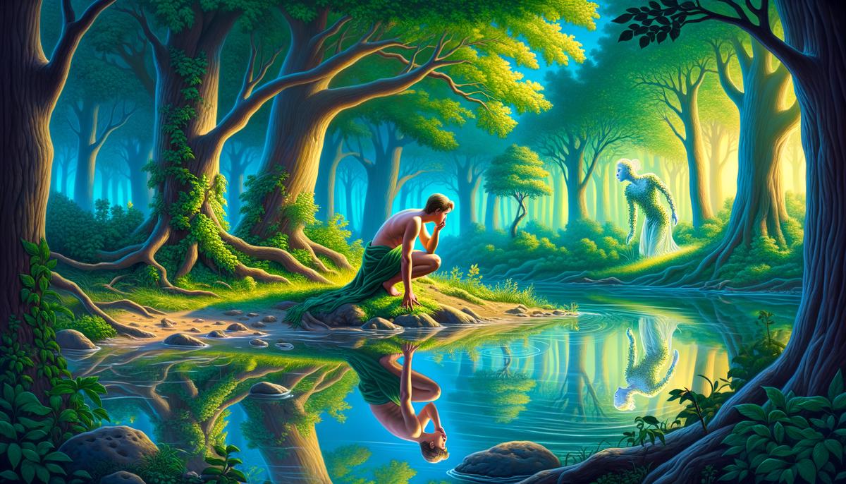 Narcissus gazing at his reflection in a pool while Echo watches from behind a tree
