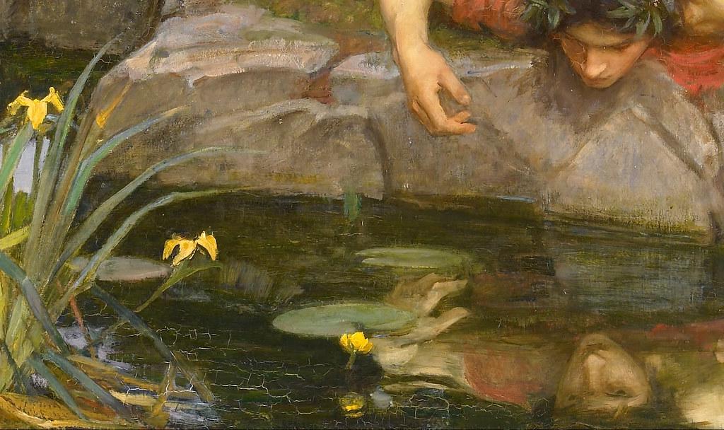Narcissus kneeling by a clear pool, gazing lovingly at his own reflection in the water, oblivious to the world around him.