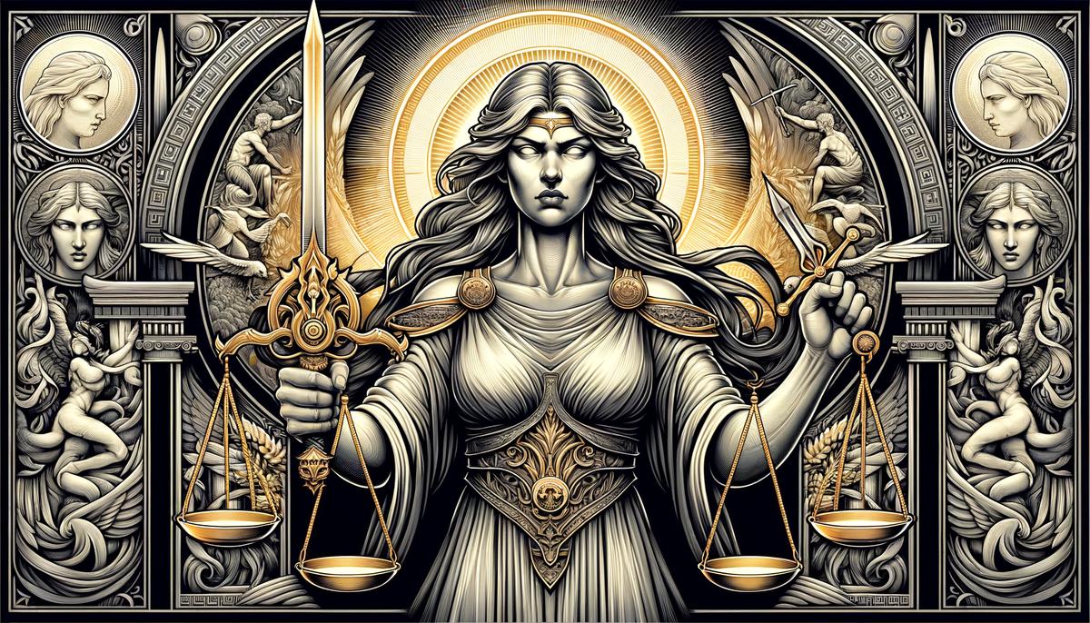 Nemesis, goddess of divine retribution, balancing scales of justice