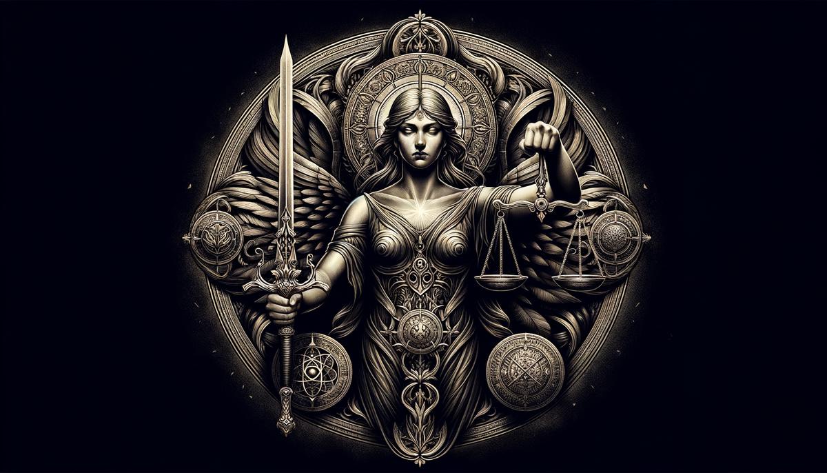 Nemesis, the goddess of retribution, wielding scales and a sword