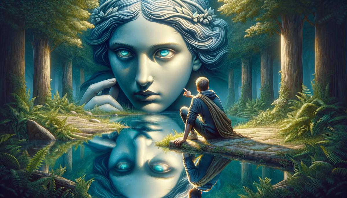 Nemesis watching over Narcissus as he becomes entranced by his reflection