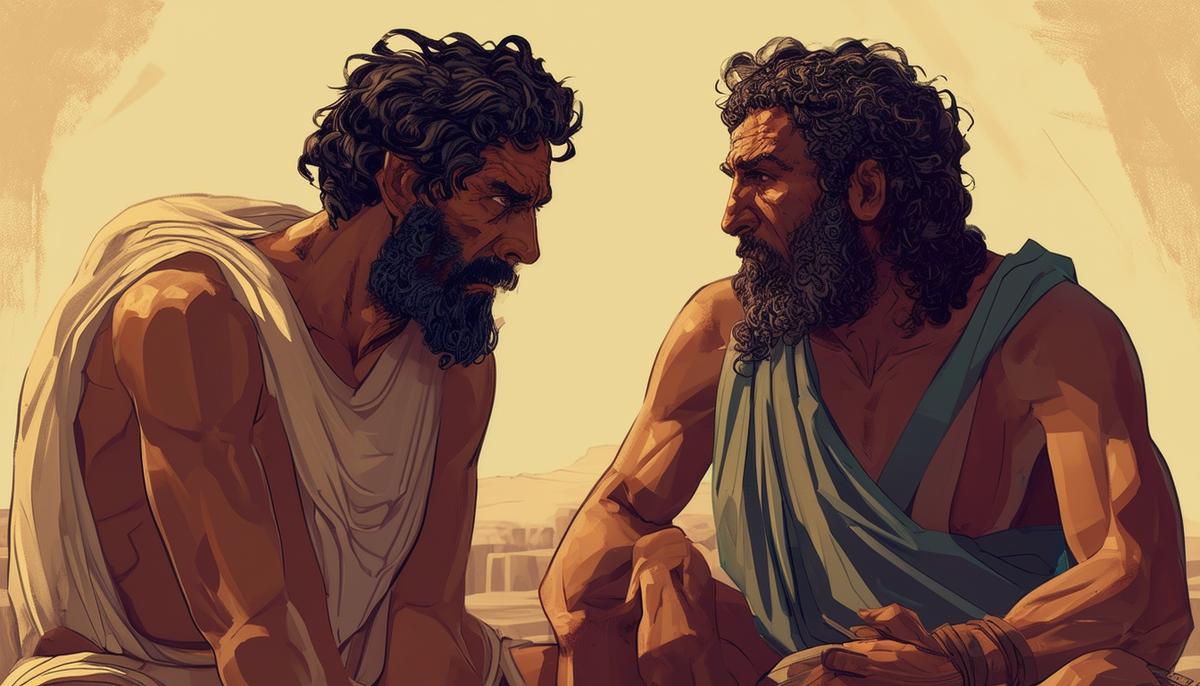 Neoptolemus and Philoctetes sit together, engaged in a tense conversation. Neoptolemus' face reveals his inner struggle between deceit and honesty, while Philoctetes listens intently, his expression a mix of suspicion and hope. The image captures the moral complexity of their encounter.