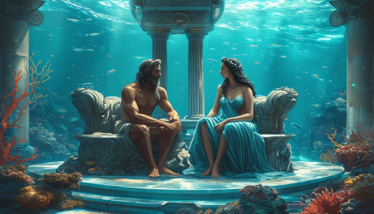 Nereus and Doris, ancient Greek sea gods, sitting in a sprawling oceanic mansion