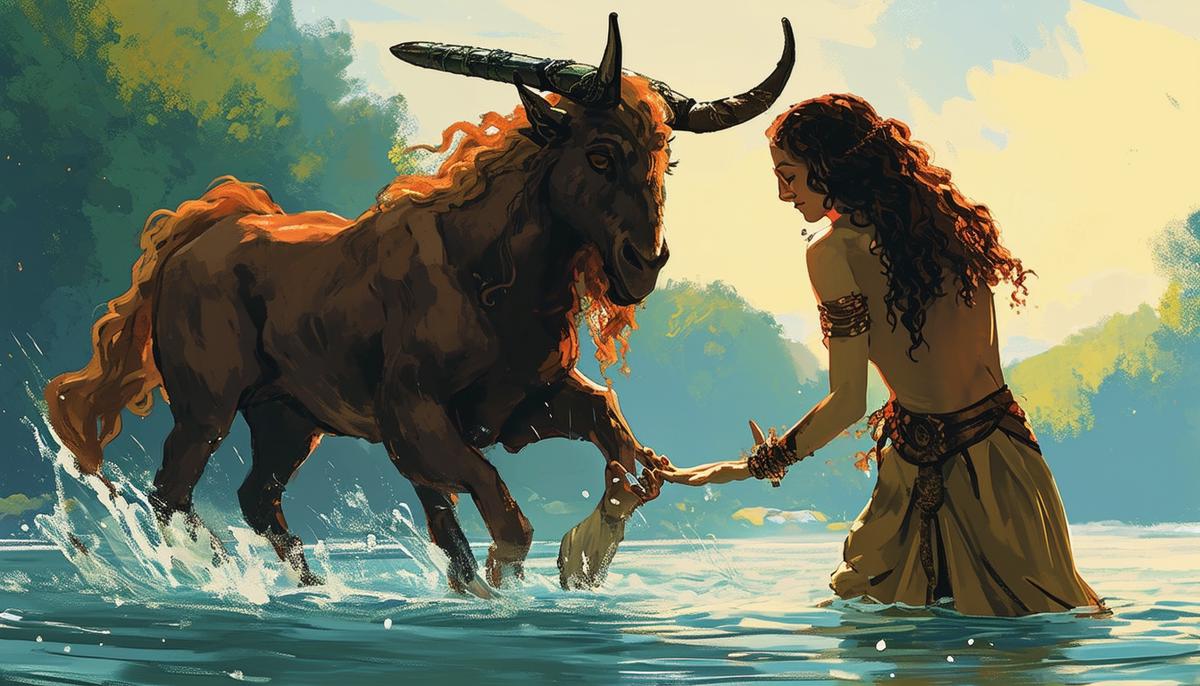 Nessus the centaur offering to help Deianira cross a river