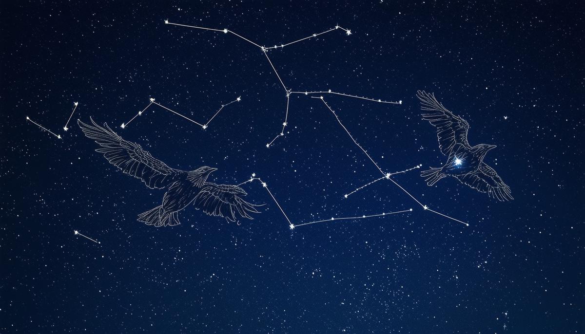 Night sky showing the constellations Aquila and Cygnus with the outline of Stymphalian Birds visible
