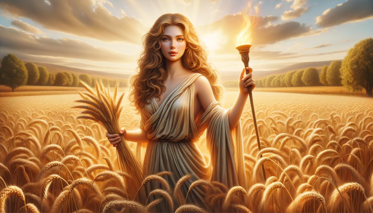 Nurturing Demeter standing in a golden wheat field, holding a sheaf of wheat and a torch