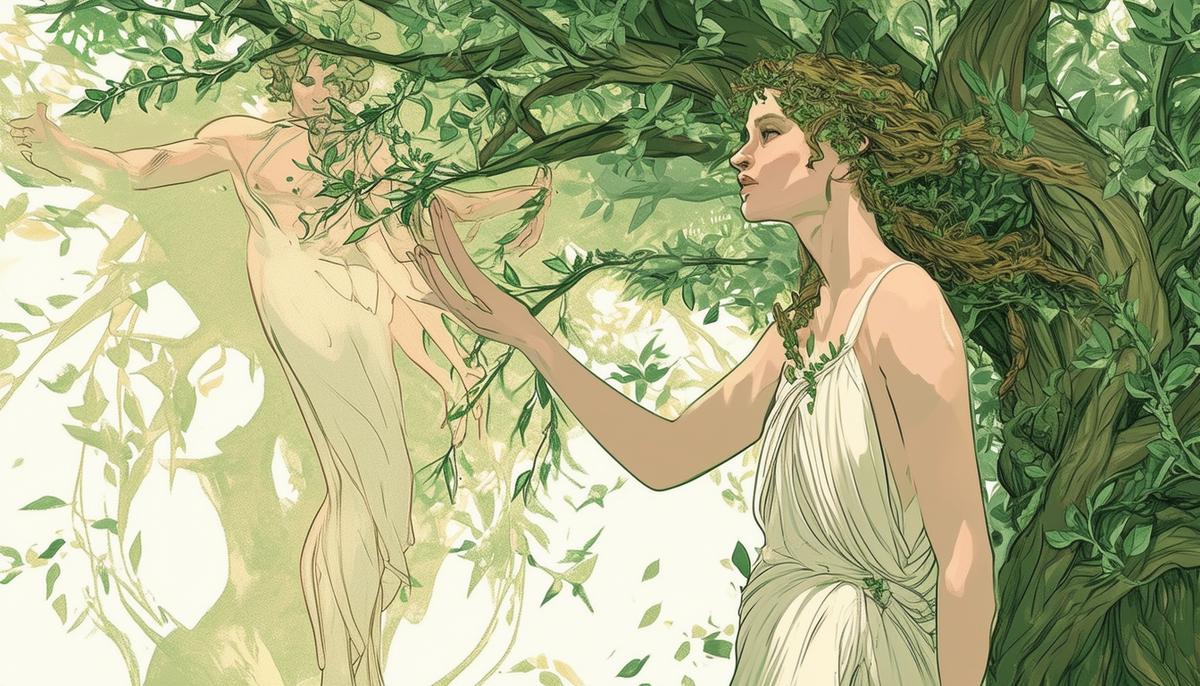 Nymph Daphne transforming into a laurel tree with Apollo reaching for her