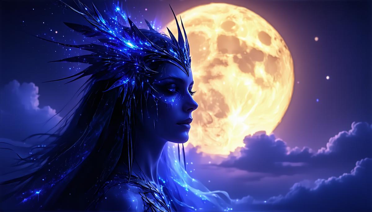 Nyx, goddess of night, transitioning into Hemera, goddess of day, symbolizing the balance of light and darkness