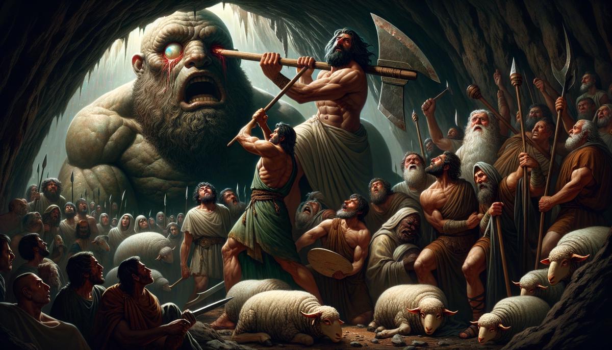 Odysseus and his men driving a sharpened stake into the eye of the Cyclops Polyphemus, blinding the one-eyed giant.