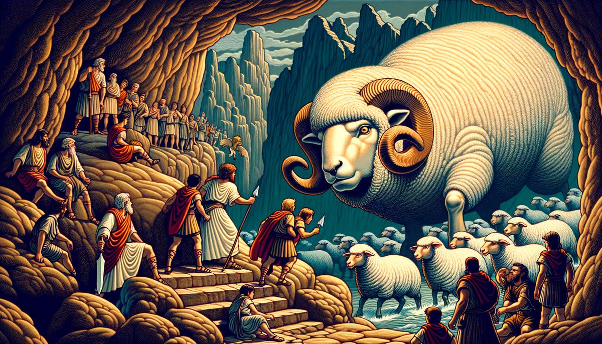 Odysseus and his men escaping from Polyphemus' cave by clinging to the underside of sheep