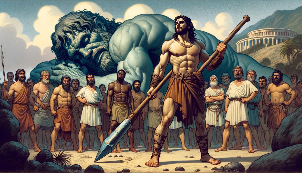 Odysseus and his men preparing to blind the Cyclops Polyphemus with a sharpened wooden stake