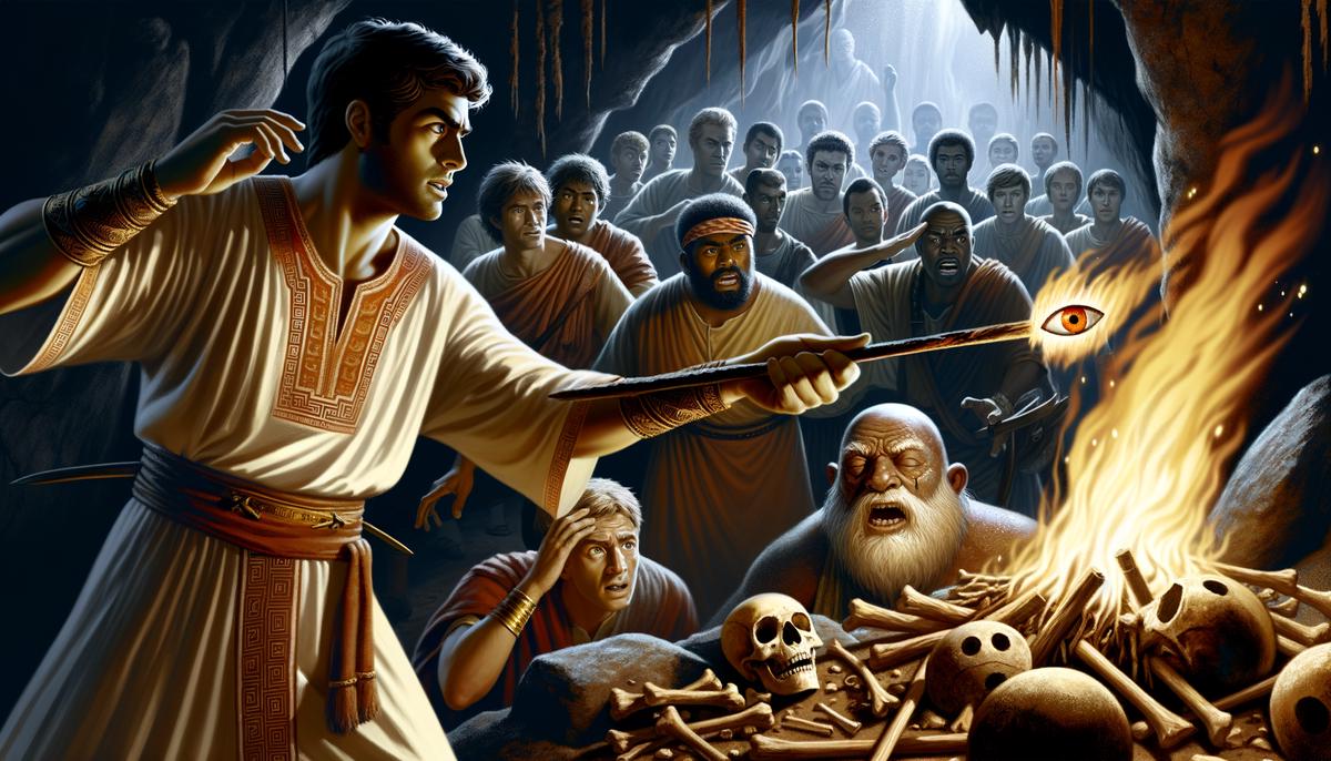 Odysseus and his men preparing to blind the one-eyed Cyclops Polyphemus with a heated stake