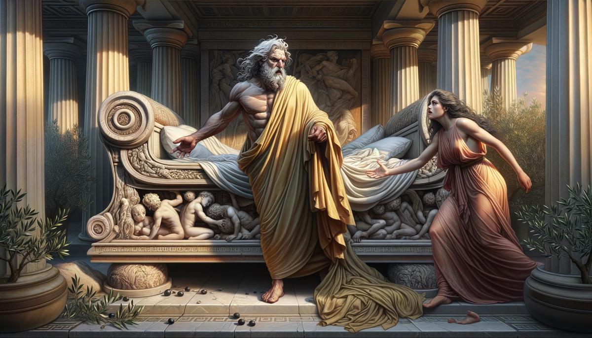 Odysseus angrily reveals the secret of their immovable marital bed, carved from an olive tree, proving his identity to Penelope and symbolizing their unbreakable bond.