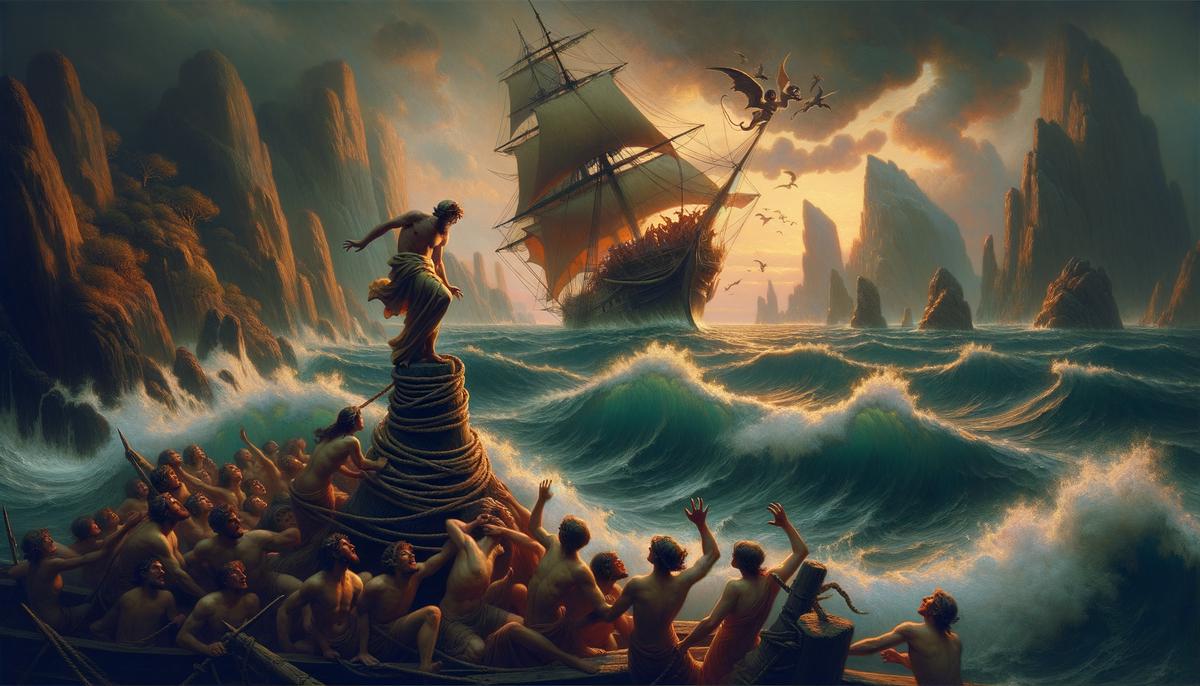 Odysseus, bound to the mast of his ship, strains to hear the alluring song of the deadly Sirens, his clever plan allowing him to hear their music without succumbing to their fatal charm.