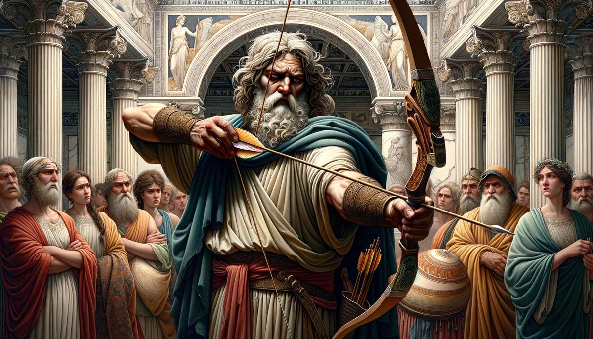 Odysseus, disguised as a beggar, stringing his great bow while Penelope watches in the background
