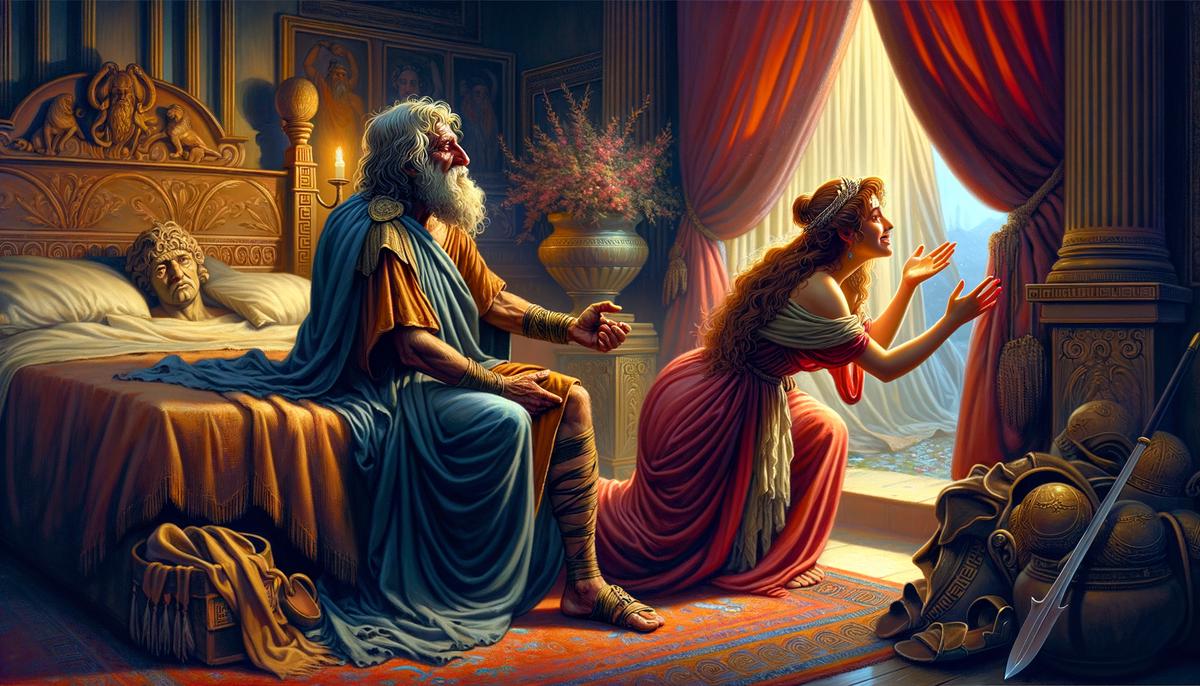 Odysseus, finally returned to Ithaca, reunites with his faithful wife Penelope, their love and loyalty having endured twenty years of separation and trials.