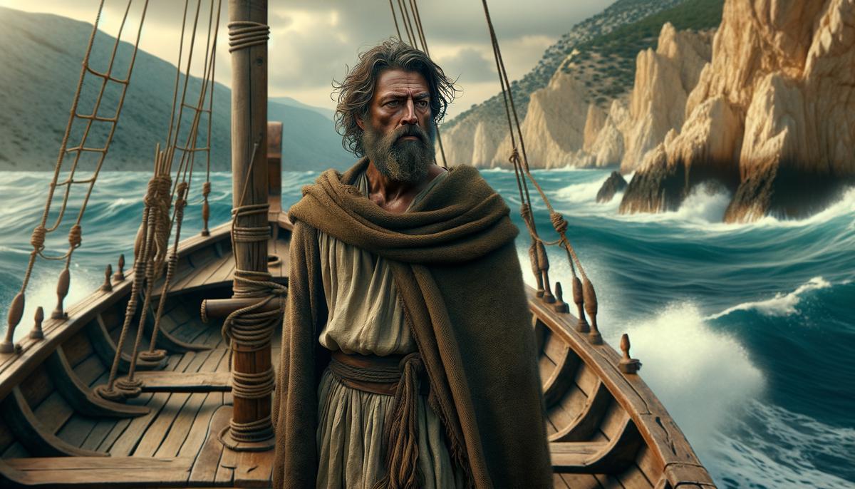 Odysseus finally returning to Ithaca, gazing at his homeland from his ship