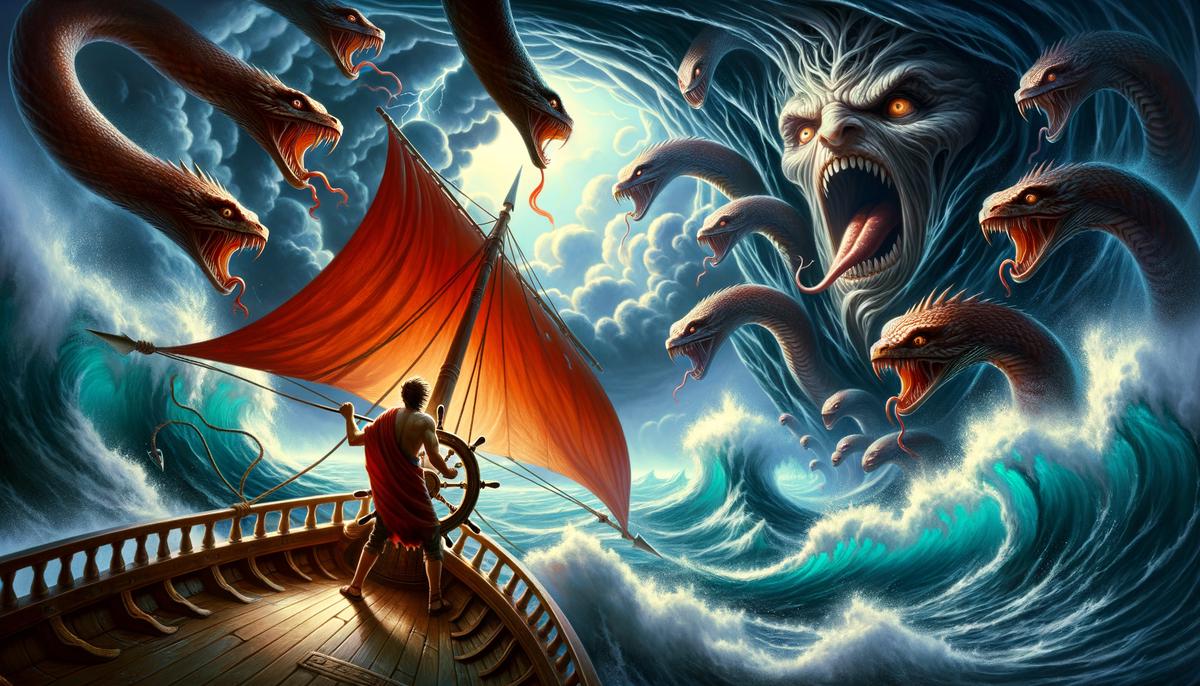 Odysseus navigating his ship between the monsters Scylla and Charybdis, with Charybdis depicted as a massive whirlpool threatening to swallow the ship.
