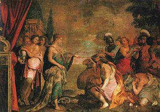 Odysseus negotiating with the enchantress Circe to turn his crew back from animal forms