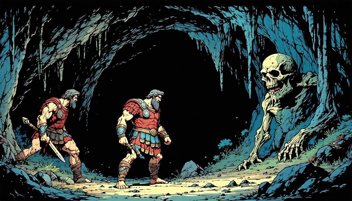 Odysseus outsmarting the Cyclops Polyphemus in a cave